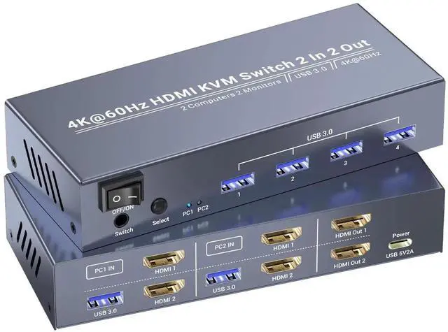 Main image of 4K@60Hz USB 3.0 Dual Monitor HDMI KVM Switch, 2 Port 2 Computers KVM Switcher, Control 2 PCs with One Set Keyboard Mouse, 4 USB 3.0 Ports for Peripheral Sharing