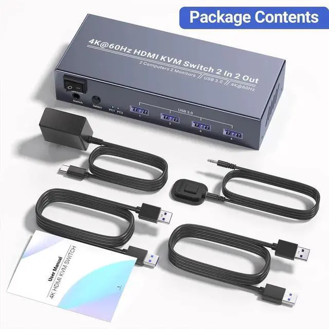 Alt view image 3 of 7 - 4K@60Hz USB 3.0 Dual Monitor HDMI KVM Switch, 2 Port 2 Computers KVM Switcher, Control 2 PCs with One Set Keyboard Mouse, 4 USB 3.0 Ports for Peripheral Sharing