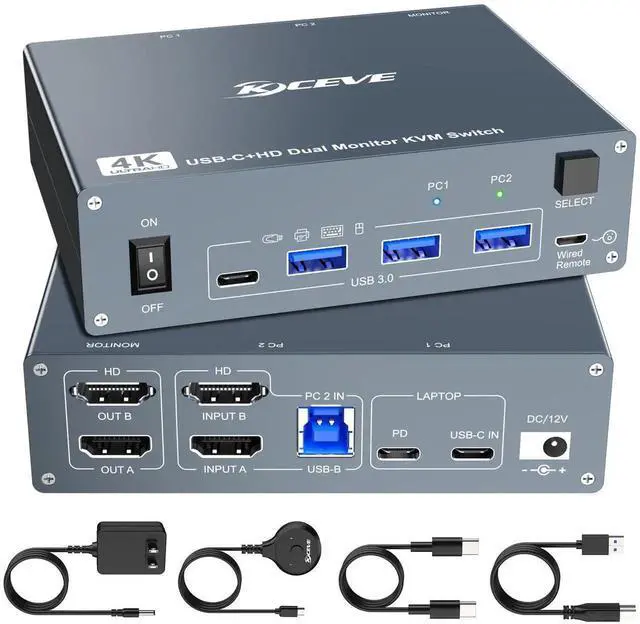 Main image of 4K@60Hz Dual Monitor USB-C HDMI KVM Switch, 2 Computers Type-C KVM Switcher for Laptop Desktop, Share 2 Monitors & 4 USB 3.0 Devices, Built-in 80W Laptop PD Charging