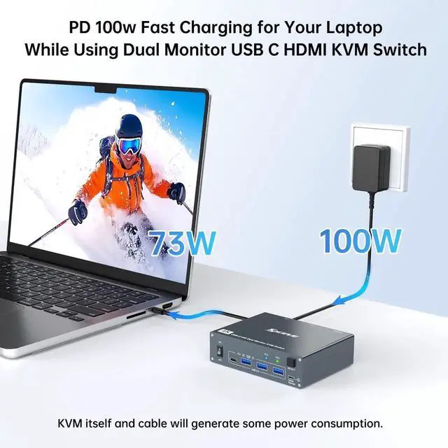Alt view image 3 of 7 - 4K@60Hz Dual Monitor USB-C HDMI KVM Switch, 2 Computers Type-C KVM Switcher for Laptop Desktop, Share 2 Monitors & 4 USB 3.0 Devices, Built-in 80W Laptop PD Charging