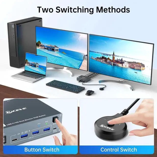 Alt view image 7 of 7 - 4K@60Hz Dual Monitor USB-C HDMI KVM Switch, 2 Computers Type-C KVM Switcher for Laptop Desktop, Share 2 Monitors & 4 USB 3.0 Devices, Built-in 80W Laptop PD Charging