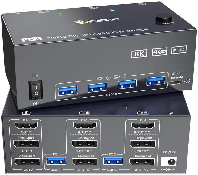 Main image of 8K@60Hz 4K@144Hz Triple Monitor KVM Switch, 2 Computers Triple Screen KVM Switcher, Share Monitors Keyboard Mouse Printer, Comes with 2 USB3.0 Cables, Power Adapter & Controller