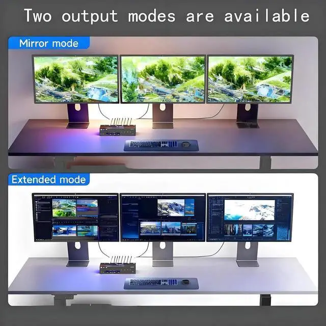 Alt view image 5 of 7 - 8K@60Hz 4K@144Hz Triple Monitor KVM Switch, 2 Computers Triple Screen KVM Switcher, Share Monitors Keyboard Mouse Printer, Comes with 2 USB3.0 Cables, Power Adapter & Controller