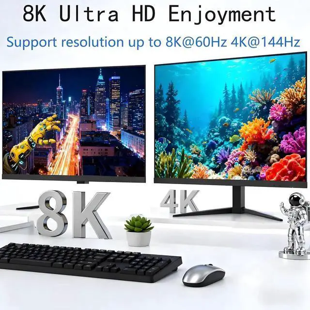 Alt view image 4 of 7 - 8K@60Hz 4K@144Hz Triple Monitor KVM Switch, 2 Computers Triple Screen KVM Switcher, Share Monitors Keyboard Mouse Printer, Comes with 2 USB3.0 Cables, Power Adapter & Controller