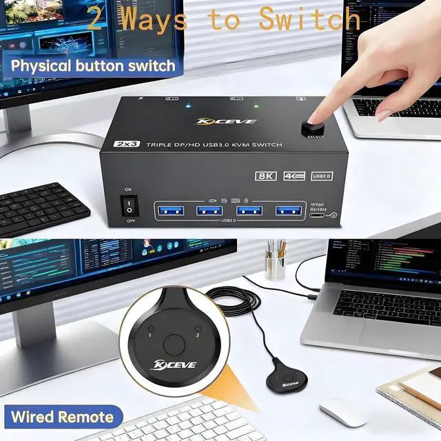 Alt view image 3 of 7 - 8K@60Hz 4K@144Hz Triple Monitor KVM Switch, 2 Computers Triple Screen KVM Switcher, Share Monitors Keyboard Mouse Printer, Comes with 2 USB3.0 Cables, Power Adapter & Controller
