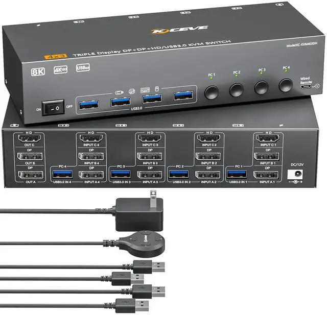 Main image of 4 Port Triple Monitor KVM Switch 8K@60Hz 4K@144Hz, HDMI + 2 DisplayPort KVM Switcher for 4 Computers, Share 3 Displays & 4 USB3.0 Ports, Support Extended & Mirror Display Mode