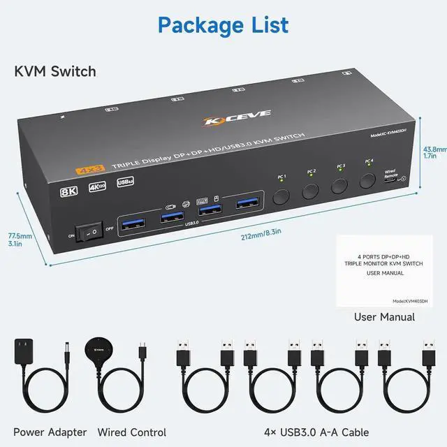 Alt view image 3 of 7 - 4 Port Triple Monitor KVM Switch 8K@60Hz 4K@144Hz, HDMI + 2 DisplayPort KVM Switcher for 4 Computers, Share 3 Displays & 4 USB3.0 Ports, Support Extended & Mirror Display Mode