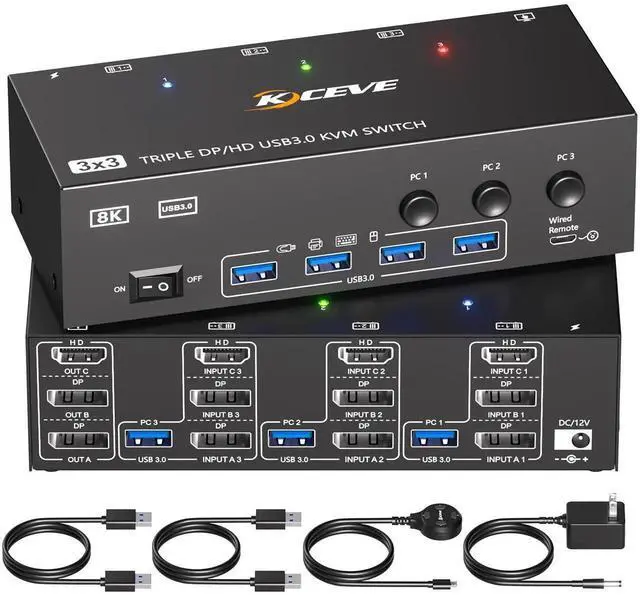 Main image of 3 Computers Triple Monitor KVM Switch 8K@60Hz 4K@144Hz, HDMI + 2 DisplayPort KVM Switcher with 4 USB3.0 Ports, Equipped with Wired Remote, Power Adapter & USB Cables