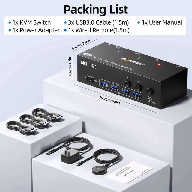 Alt view image 5 of 7 - 3 Computers Triple Monitor KVM Switch 8K@60Hz 4K@144Hz, HDMI + 2 DisplayPort KVM Switcher with 4 USB3.0 Ports, Equipped with Wired Remote, Power Adapter & USB Cables