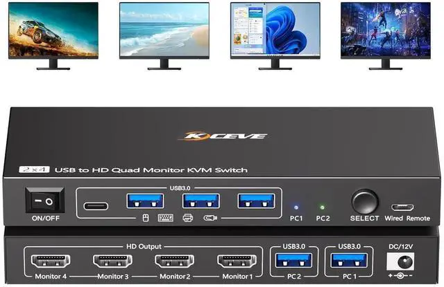 Main image of 2 Computers Quad Monitor KVM Switch 1080P@60Hz, USB 3.0 4 Screen KVM Switcher, Share 4 Monitors & 4 USB Devices, Equipped with Wired Remote & 2 USB Cables, Need Driver Installation