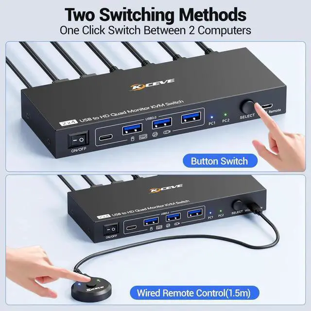 Alt view image 2 of 7 - 2 Computers Quad Monitor KVM Switch 1080P@60Hz, USB 3.0 4 Screen KVM Switcher, Share 4 Monitors & 4 USB Devices, Equipped with Wired Remote & 2 USB Cables, Need Driver Installation