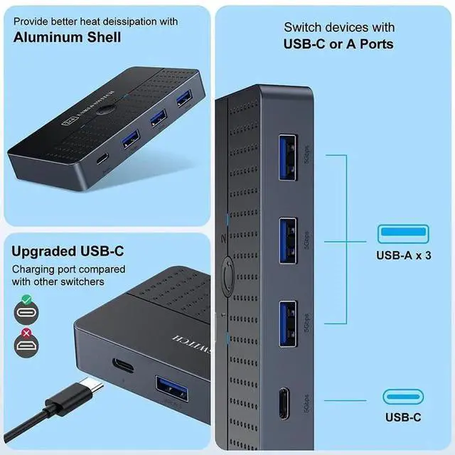 Alt view image 2 of 6 - 5Gbps USB 3.0 Switch, 2 Computers Share 4 USB Ports Peripheral Switcher, USB Sharing Adapter for Printer Scanner Mouse Keyboard, Compatible with Mac Windows Linux