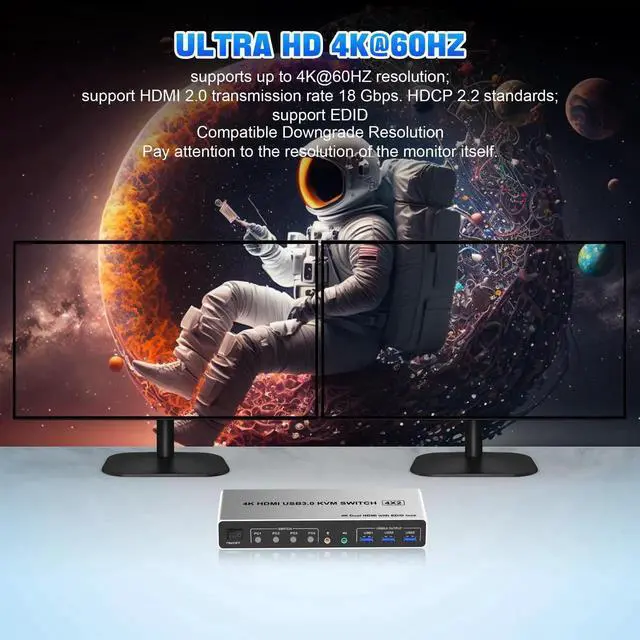 Alt view image 3 of 7 - 4 Port USB 3.0 Dual Monitor HDMI KVM Switch 4K@60Hz, 4 in 2 Out KVM Switcher for 4 Computers, Support EDID, Audio & Microphone Output, with 3 USB 3.0 Ports