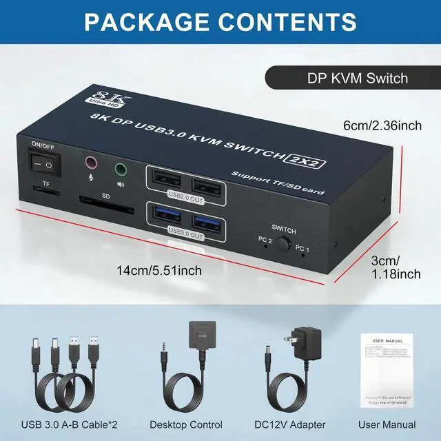 Alt view image 3 of 7 - 8K@60Hz Dual Monitor DisplayPort KVM Switch, 2 Computers 4K@120Hz USB3.0 KVM Switcher with Audio Mic Output, 4 USB Ports & SD/TF Card Slots, Support Extended & Mirror Mode