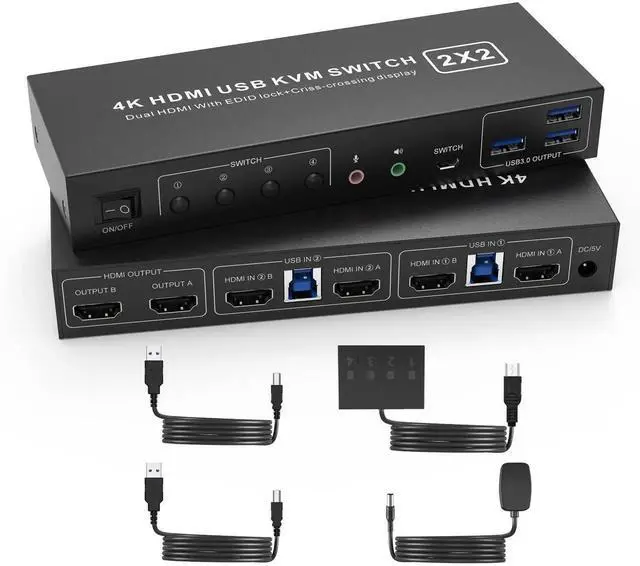Main image of 2 Port Dual Monitor HDMI KVM Switch 4K@60Hz USB 3.0, 2 Computers Cross Display KVM Switcher with 3 USB 3.0 Ports & Audio Jack
