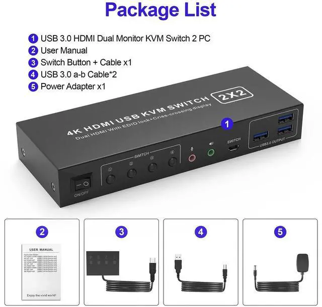 Alt view image 2 of 7 - 2 Port Dual Monitor HDMI KVM Switch 4K@60Hz USB 3.0, 2 Computers Cross Display KVM Switcher with 3 USB 3.0 Ports & Audio Jack