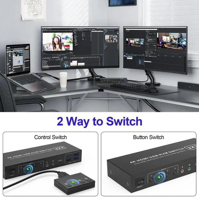 Alt view image 3 of 7 - 2 Port Dual Monitor HDMI KVM Switch 4K@60Hz USB 3.0, 2 Computers Cross Display KVM Switcher with 3 USB 3.0 Ports & Audio Jack