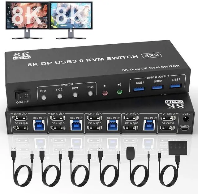 Main image of 4 Port 8K@60Hz DisplayPort Dual Monitor KVM Switch, DP1.4 USB3.0 KVM Switcher for 4 Computers 2 Monitors, Built-in Audio Microphone Output & 3 USB 3.0 Ports