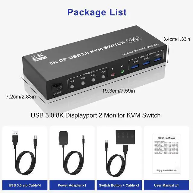 Alt view image 7 of 7 - 4 Port 8K@60Hz DisplayPort Dual Monitor KVM Switch, DP1.4 USB3.0 KVM Switcher for 4 Computers 2 Monitors, Built-in Audio Microphone Output & 3 USB 3.0 Ports