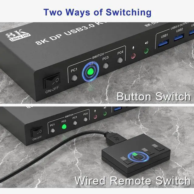 Alt view image 4 of 7 - 4 Port 8K@60Hz DisplayPort Dual Monitor KVM Switch, DP1.4 USB3.0 KVM Switcher for 4 Computers 2 Monitors, Built-in Audio Microphone Output & 3 USB 3.0 Ports