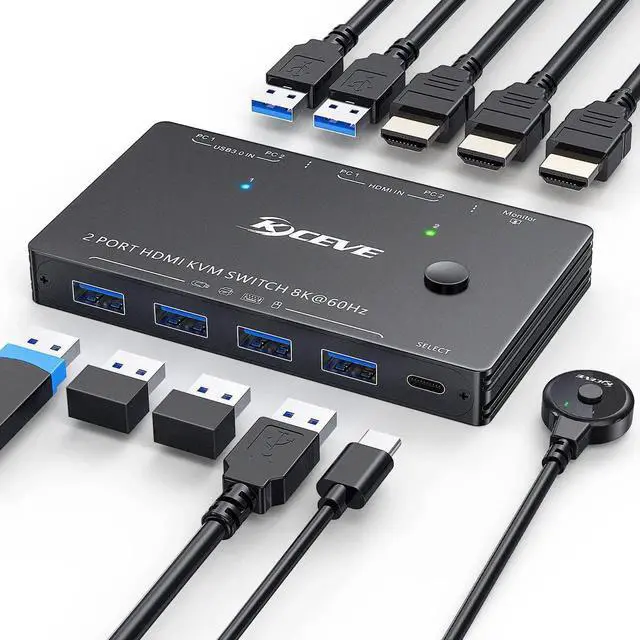 Main image of 2 Port HDMI KVM Switch 8K@60Hz 4K@120Hz USB3.0, 2 Computers Share 1 Monitor & 4 USB 3.0 Ports, KVM Switcher with Desktop Controller for Keyboard Mouse Printer