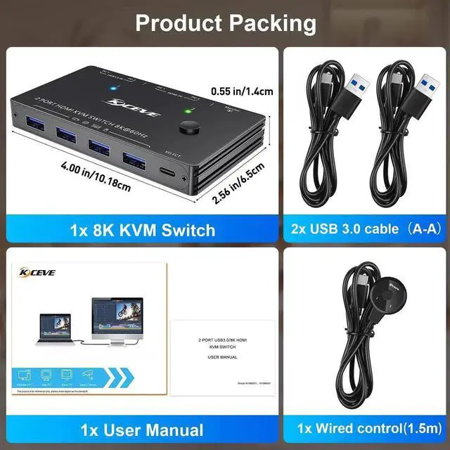 Alt view image 2 of 7 - 2 Port HDMI KVM Switch 8K@60Hz 4K@120Hz USB3.0, 2 Computers Share 1 Monitor & 4 USB 3.0 Ports, KVM Switcher with Desktop Controller for Keyboard Mouse Printer