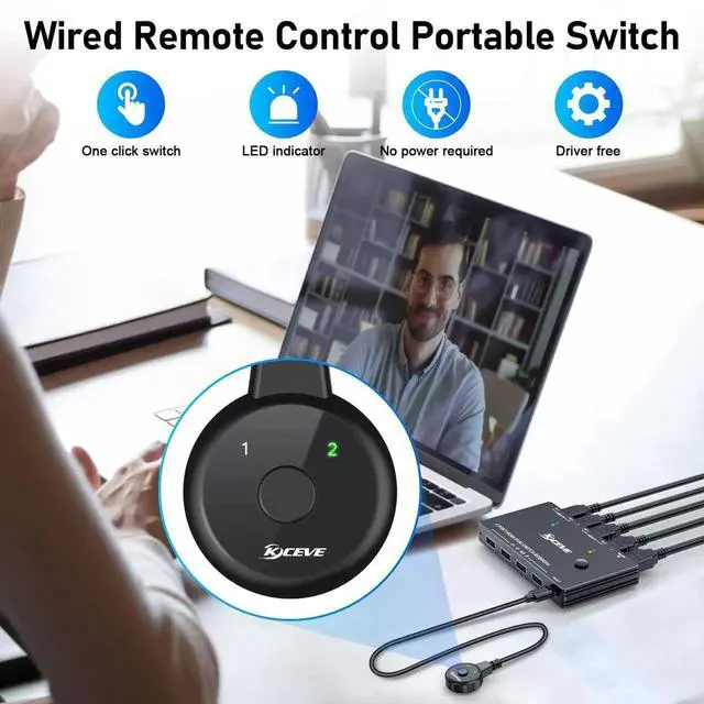 Alt view image 7 of 7 - 2 Port HDMI KVM Switch 8K@60Hz 4K@120Hz USB3.0, 2 Computers Share 1 Monitor & 4 USB 3.0 Ports, KVM Switcher with Desktop Controller for Keyboard Mouse Printer