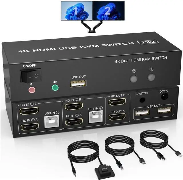 Main image of 2 Port Dual Monitor HDMI KVM Switch 4K@60Hz, 2 Computers Extended Display KVM Switcher with Audio Mic Output & 3 USB Ports, for PC Monitor Keyboard Mouse Sharing