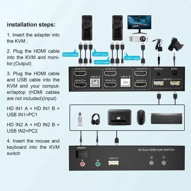 Alt view image 4 of 7 - 2 Port Dual Monitor HDMI KVM Switch 4K@60Hz, 2 Computers Extended Display KVM Switcher with Audio Mic Output & 3 USB Ports, for PC Monitor Keyboard Mouse Sharing
