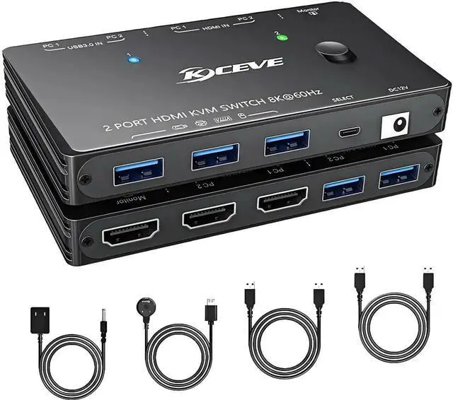 Main image of 2 Port 8K HDMI KVM Switch 8K@60Hz 4K@120Hz, Single Monitor KVM Switcher with 3 USB 3.0 Ports, 2 Computers Share Monitor Keyboard Mouse Printer, Include 2 USB Cables & Switch Controller