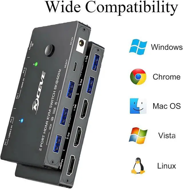 Alt view image 3 of 7 - 2 Port 8K HDMI KVM Switch 8K@60Hz 4K@120Hz, Single Monitor KVM Switcher with 3 USB 3.0 Ports, 2 Computers Share Monitor Keyboard Mouse Printer, Include 2 USB Cables & Switch Controller