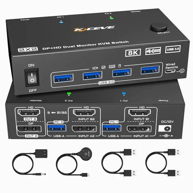 Main image of 2 Computers Dual Monitor KVM Switch 4K@144Hz 8K@60Hz, HDMI+DisplayPort Dual Screen KVM Switcher, Share 2 Monitors Keyboard Mouse Printer, Come with Wired Remote, Power Adapter & USB Cable