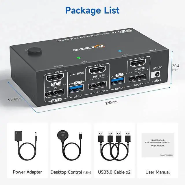Alt view image 2 of 7 - 2 Computers Dual Monitor KVM Switch 4K@144Hz 8K@60Hz, HDMI+DisplayPort Dual Screen KVM Switcher, Share 2 Monitors Keyboard Mouse Printer, Come with Wired Remote, Power Adapter & USB Cable