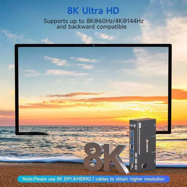 Alt view image 6 of 7 - 2 Computers Dual Monitor KVM Switch 4K@144Hz 8K@60Hz, HDMI+DisplayPort Dual Screen KVM Switcher, Share 2 Monitors Keyboard Mouse Printer, Come with Wired Remote, Power Adapter & USB Cable