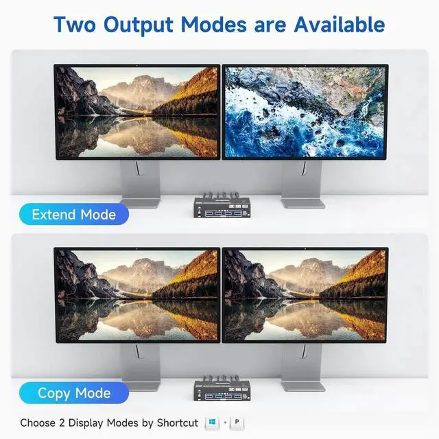 Alt view image 7 of 7 - 2 Computers Dual Monitor KVM Switch 4K@144Hz 8K@60Hz, HDMI+DisplayPort Dual Screen KVM Switcher, Share 2 Monitors Keyboard Mouse Printer, Come with Wired Remote, Power Adapter & USB Cable
