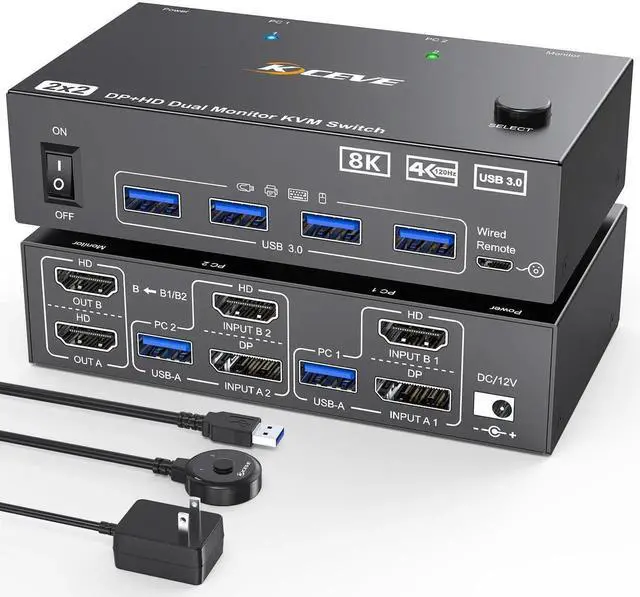Main image of 2 Computers Dual Monitor KVM Switch 8K@60Hz 4K@144Hz, HDMI + DisplayPort KVM Switcher, Dual Screen Sharing Keyboard Mouse, Equipped with Power Adapter, Wired Extended Controller & USB3.0 Cables