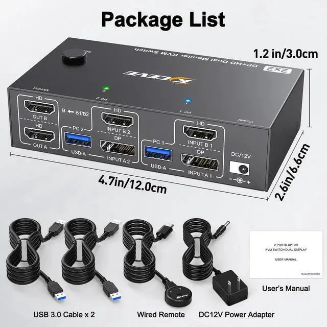 Alt view image 2 of 7 - 2 Computers Dual Monitor KVM Switch 8K@60Hz 4K@144Hz, HDMI + DisplayPort KVM Switcher, Dual Screen Sharing Keyboard Mouse, Equipped with Power Adapter, Wired Extended Controller & USB3.0 Cables
