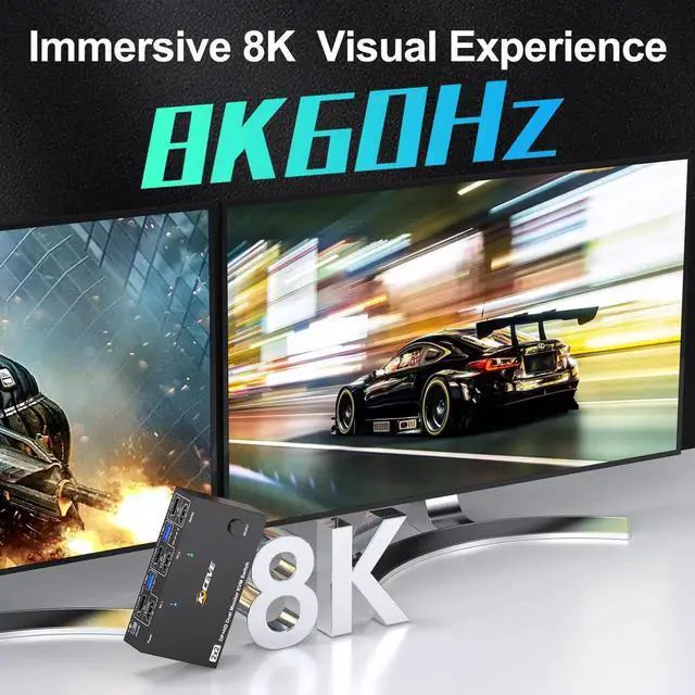 Alt view image 7 of 7 - 2 Computers Dual Monitor KVM Switch 8K@60Hz 4K@144Hz, HDMI + DisplayPort KVM Switcher, Dual Screen Sharing Keyboard Mouse, Equipped with Power Adapter, Wired Extended Controller & USB3.0 Cables
