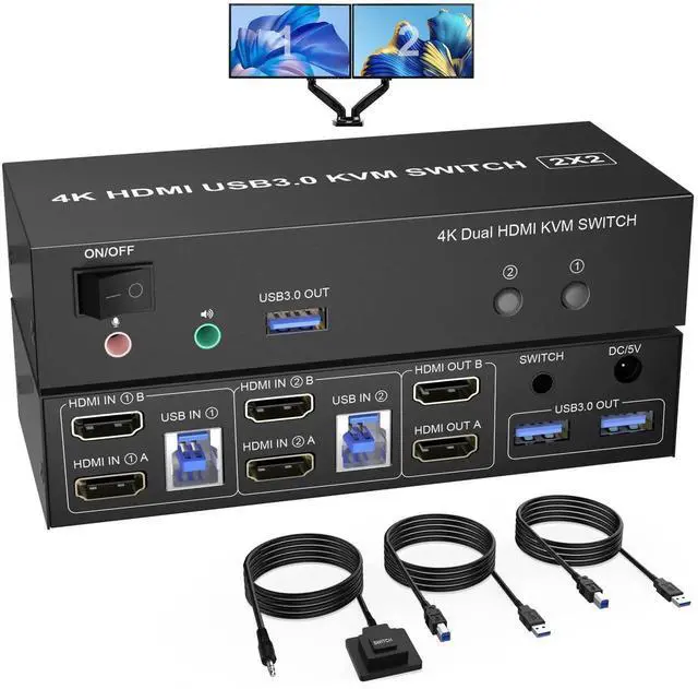 Main image of 2 Port USB3.0 HDMI Dual Monitor KVM Switch 4K@60Hz, 2 Computers Extended Display KVM Switcher with Audio Microphone Output & 3 USB 3.0 Ports for PC Keyboard Mouse Sharing