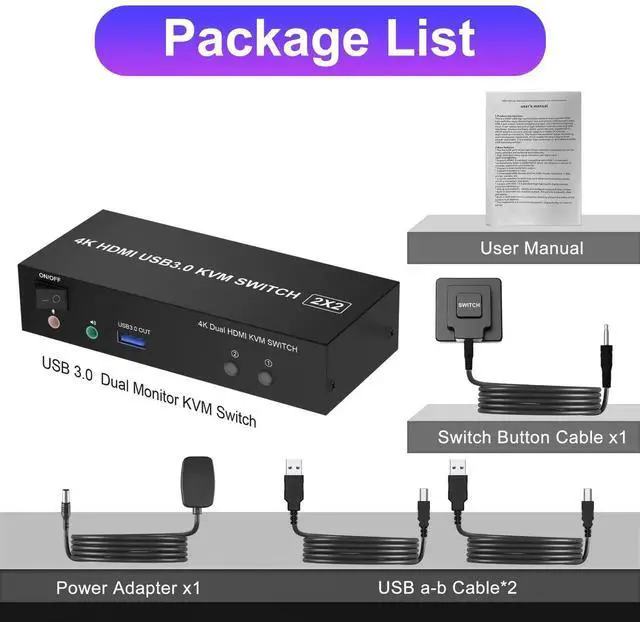 Alt view image 4 of 7 - 2 Port USB3.0 HDMI Dual Monitor KVM Switch 4K@60Hz, 2 Computers Extended Display KVM Switcher with Audio Microphone Output & 3 USB 3.0 Ports for PC Keyboard Mouse Sharing