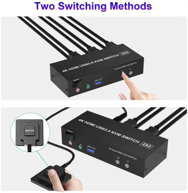 Alt view image 5 of 7 - 2 Port USB3.0 HDMI Dual Monitor KVM Switch 4K@60Hz, 2 Computers Extended Display KVM Switcher with Audio Microphone Output & 3 USB 3.0 Ports for PC Keyboard Mouse Sharing