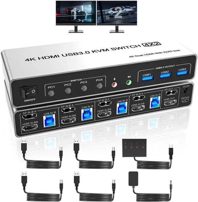Main image of 4 Port Dual Monitor KVM Switch HDMI+DisplayPort 4K@60Hz, 4 Computers USB3.0 KVM Switcher with 3 USB 3.0 Ports, Audio & Microphone Output for 4 PC Share 2 Monitors