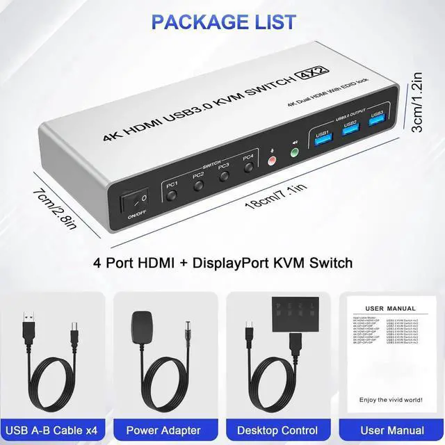 Alt view image 2 of 7 - 4 Port Dual Monitor KVM Switch HDMI+DisplayPort 4K@60Hz, 4 Computers USB3.0 KVM Switcher with 3 USB 3.0 Ports, Audio & Microphone Output for 4 PC Share 2 Monitors