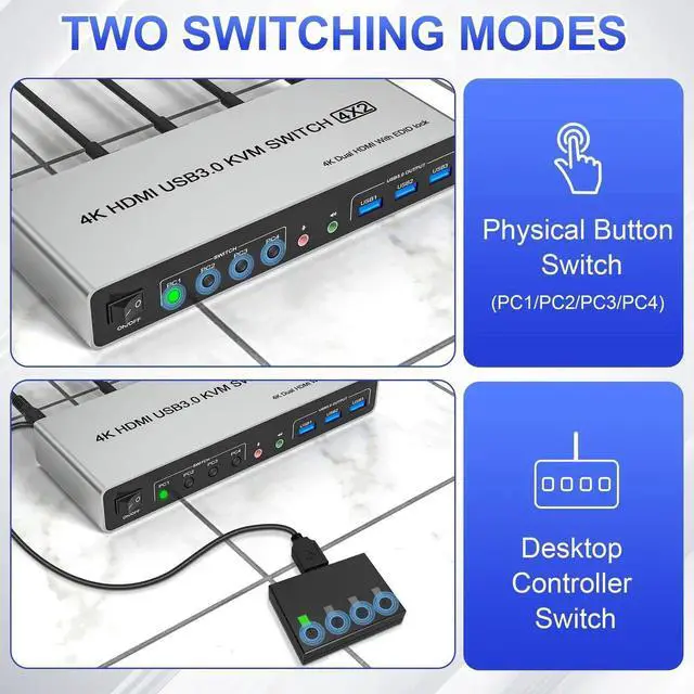 Alt view image 5 of 7 - 4 Port Dual Monitor KVM Switch HDMI+DisplayPort 4K@60Hz, 4 Computers USB3.0 KVM Switcher with 3 USB 3.0 Ports, Audio & Microphone Output for 4 PC Share 2 Monitors