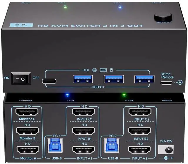 Main image of 2 Computers Triple Monitor HDMI KVM Switch 8K@60Hz 4K@120Hz, 3 Screen KVM Switcher Sharing Keyboard Mouse, With Power Adapter, Wired Extended Controller & USB3.0 Cables