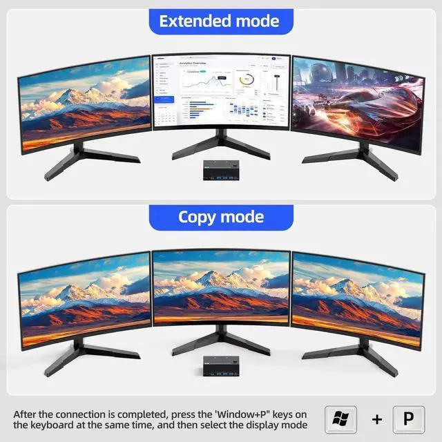 Alt view image 5 of 7 - 2 Computers Triple Monitor HDMI KVM Switch 8K@60Hz 4K@120Hz, 3 Screen KVM Switcher Sharing Keyboard Mouse, With Power Adapter, Wired Extended Controller & USB3.0 Cables