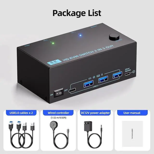 Alt view image 3 of 7 - 2 Computers Triple Monitor HDMI KVM Switch 8K@60Hz 4K@120Hz, 3 Screen KVM Switcher Sharing Keyboard Mouse, With Power Adapter, Wired Extended Controller & USB3.0 Cables