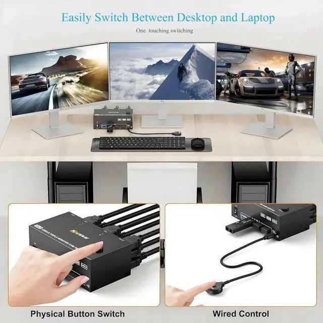 Alt view image 2 of 7 - 2 Computers Triple Monitor KVM Switch 8K@60Hz 4K@144Hz, 1 HDMI + 2 DisplayPort KVM Switcher with 4 USB3.0 Ports, Include HDMI DP USB Cables & Wired Controller