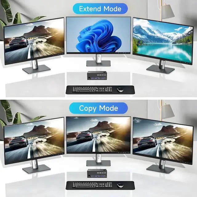 Alt view image 5 of 7 - 2 Computers Triple Monitor KVM Switch 8K@60Hz 4K@144Hz, 1 HDMI + 2 DisplayPort KVM Switcher with 4 USB3.0 Ports, Include HDMI DP USB Cables & Wired Controller