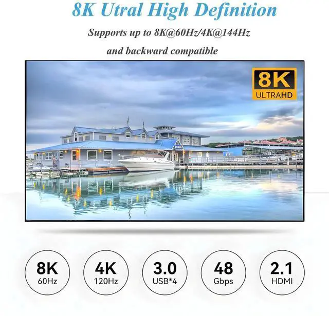 Alt view image 4 of 7 - 2 Computers Triple Monitor KVM Switch 8K@60Hz 4K@144Hz, 1 HDMI + 2 DisplayPort KVM Switcher with 4 USB3.0 Ports, Include HDMI DP USB Cables & Wired Controller